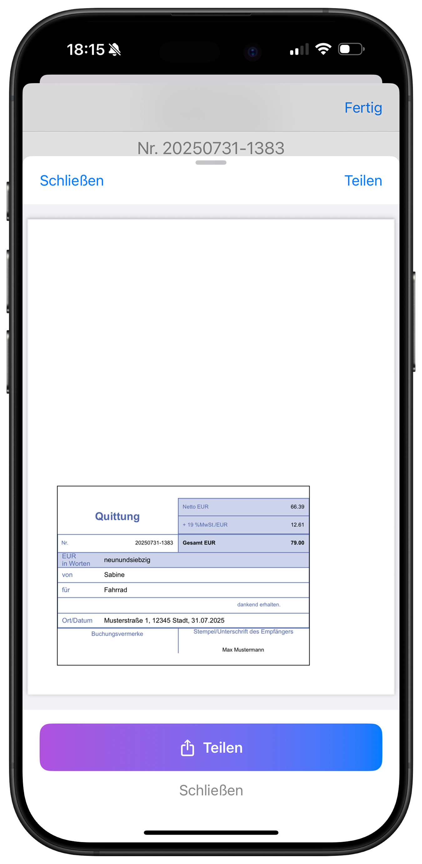 PDF-Ansicht einer Quittung in der App